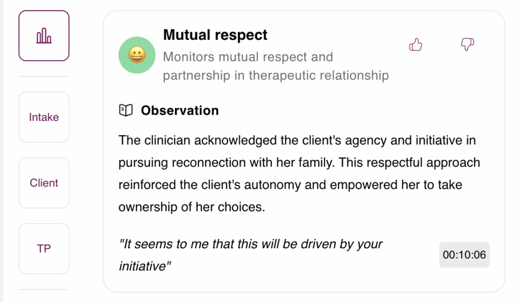 Mentalyc's alliance genie feature showing growth analysis for therapist's session