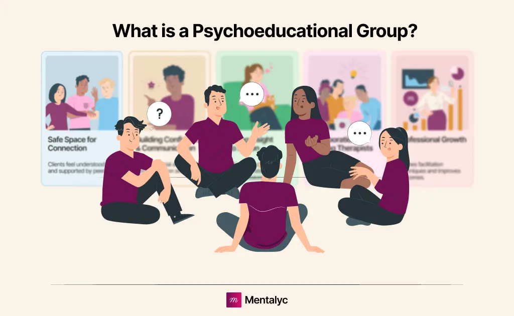 Therapist leading a psychoeducational group therapy session with multiple participants